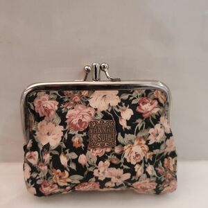 Anna Sui Floral Kiss-Lock Coin Purse in Black and Pink Roses